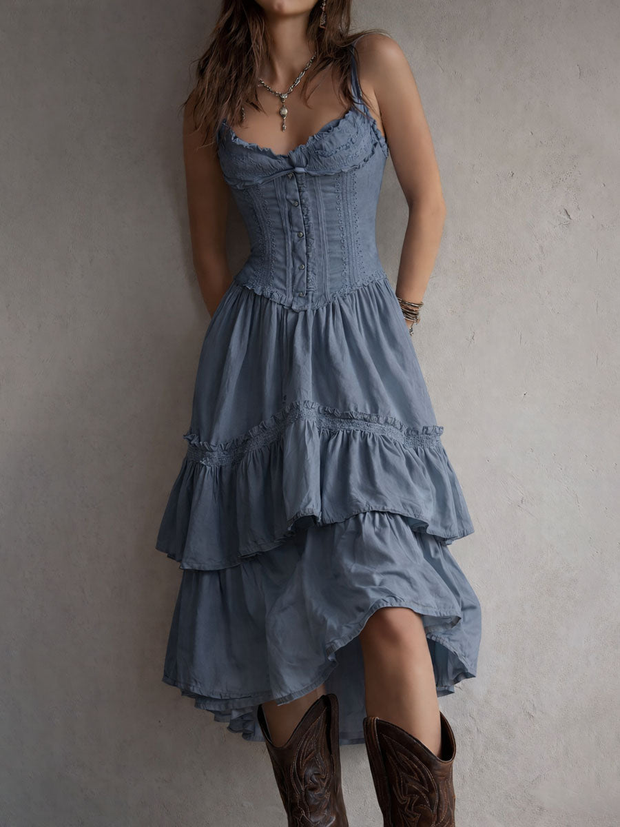 Vestido midi bohemio retro con corsé, de capas, con ribete de encaje