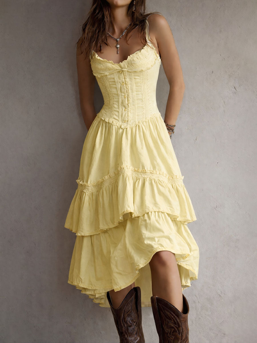 Vestido midi bohemio retro con corsé, de capas, con ribete de encaje