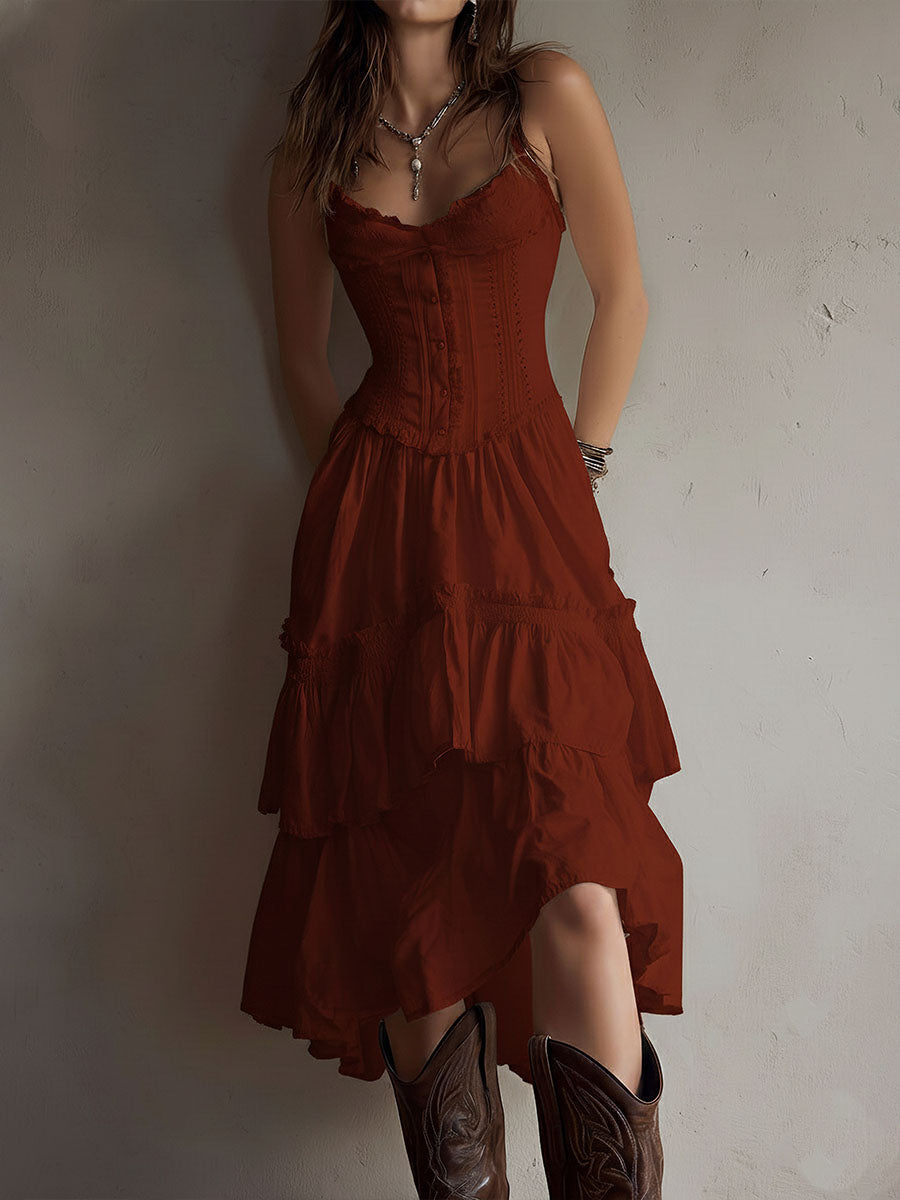 Vestido midi bohemio retro con corsé, de capas, con ribete de encaje