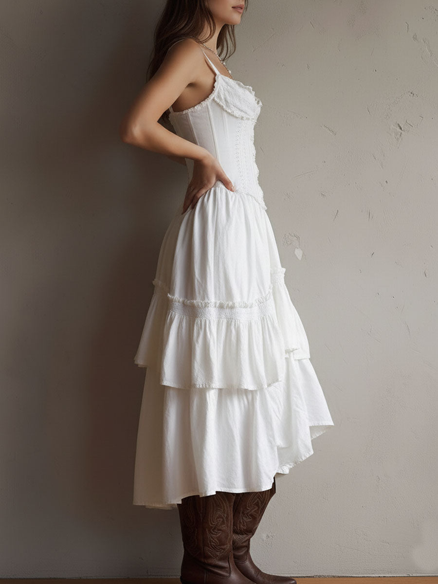 Vestido midi bohemio retro con corsé, de capas, con ribete de encaje