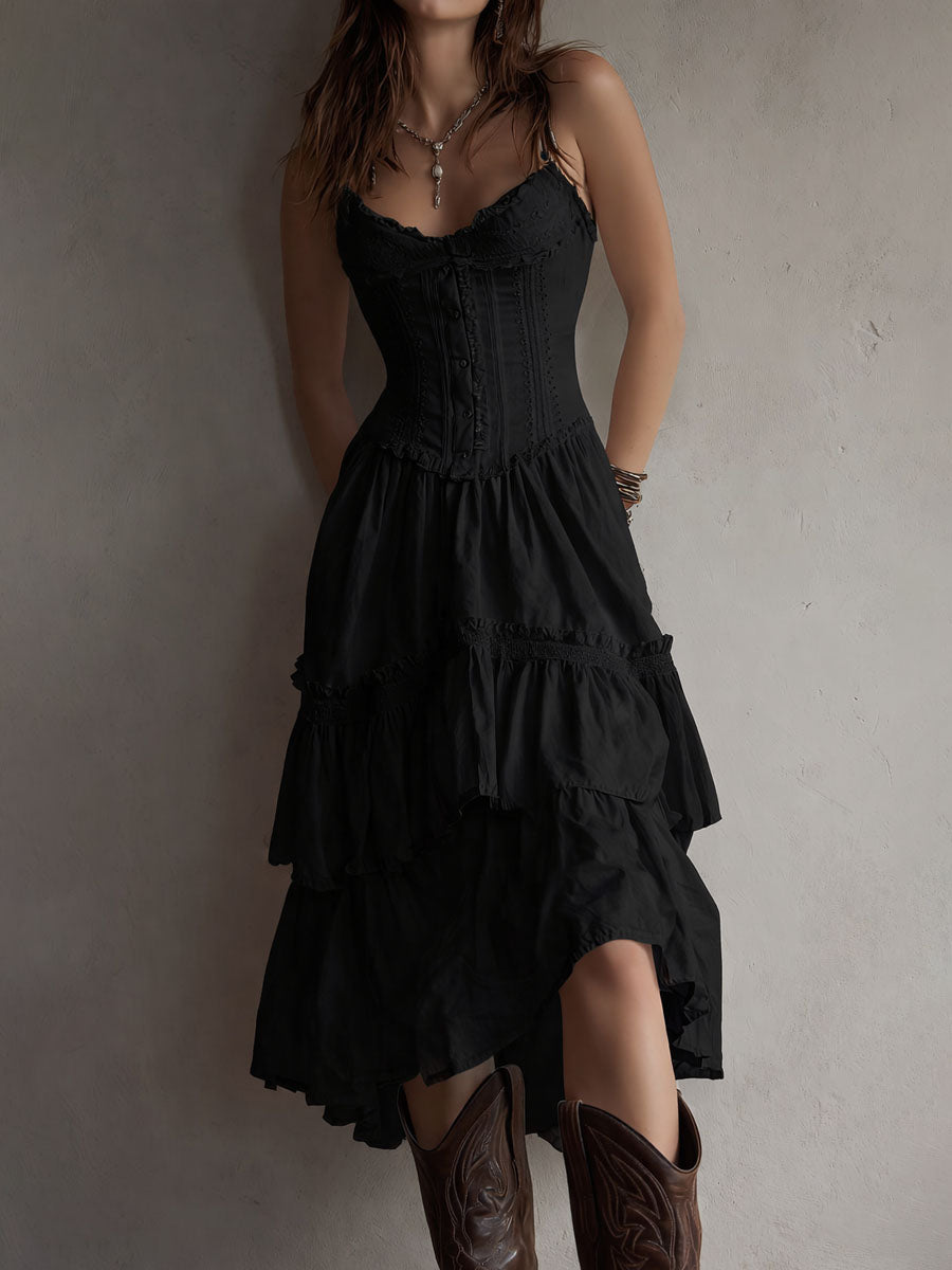 Vestido midi bohemio retro con corsé, de capas, con ribete de encaje