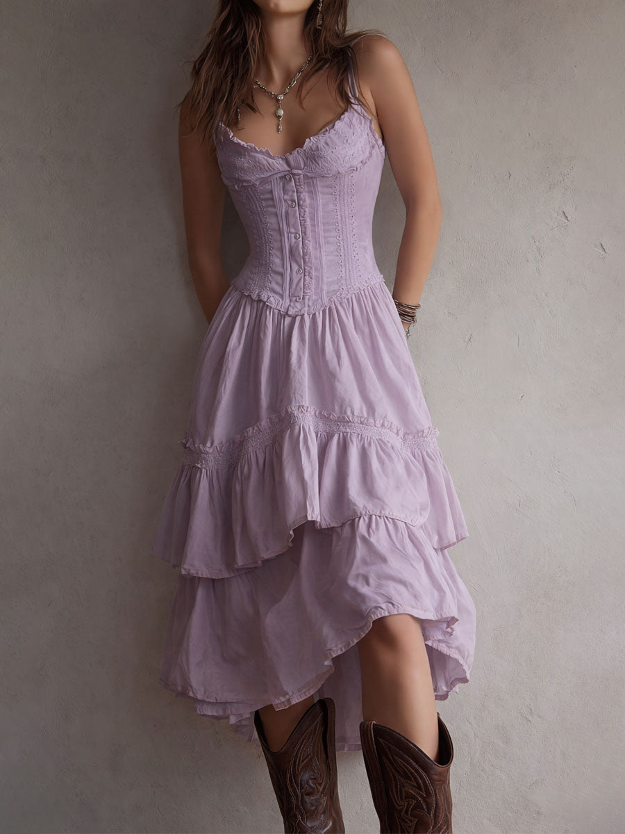 Vestido midi bohemio retro con corsé, de capas, con ribete de encaje