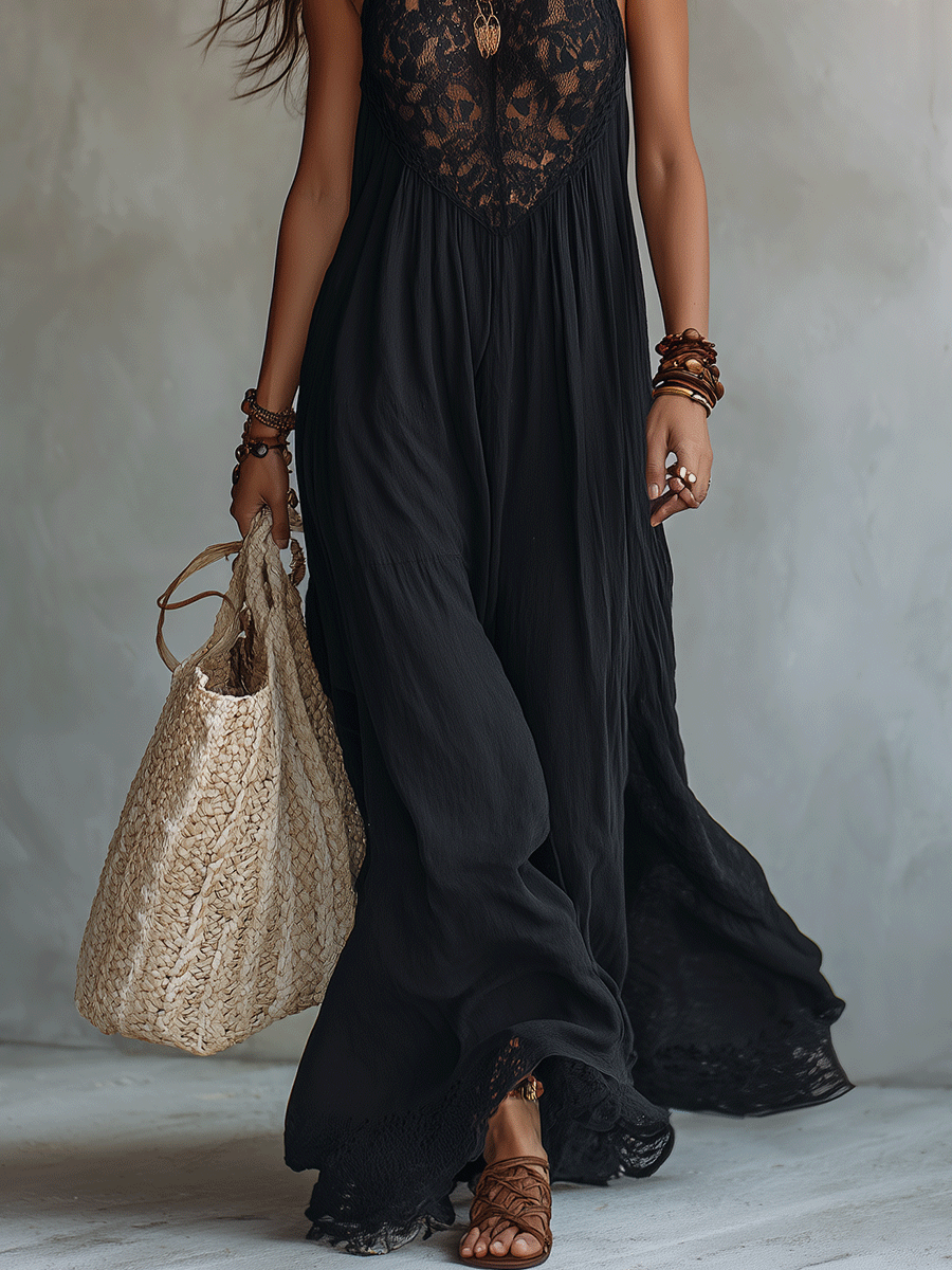 Vestido maxi bohemio elegante sin mangas con drapeado suave y diseño de impacto para la noche