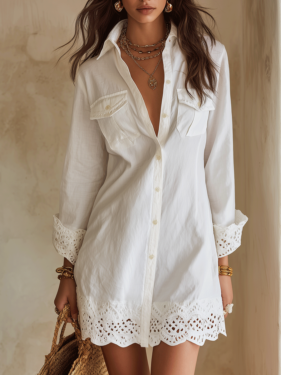 Vestido camisero blanco corto de estilo bohemio con dobladillo de ojales
