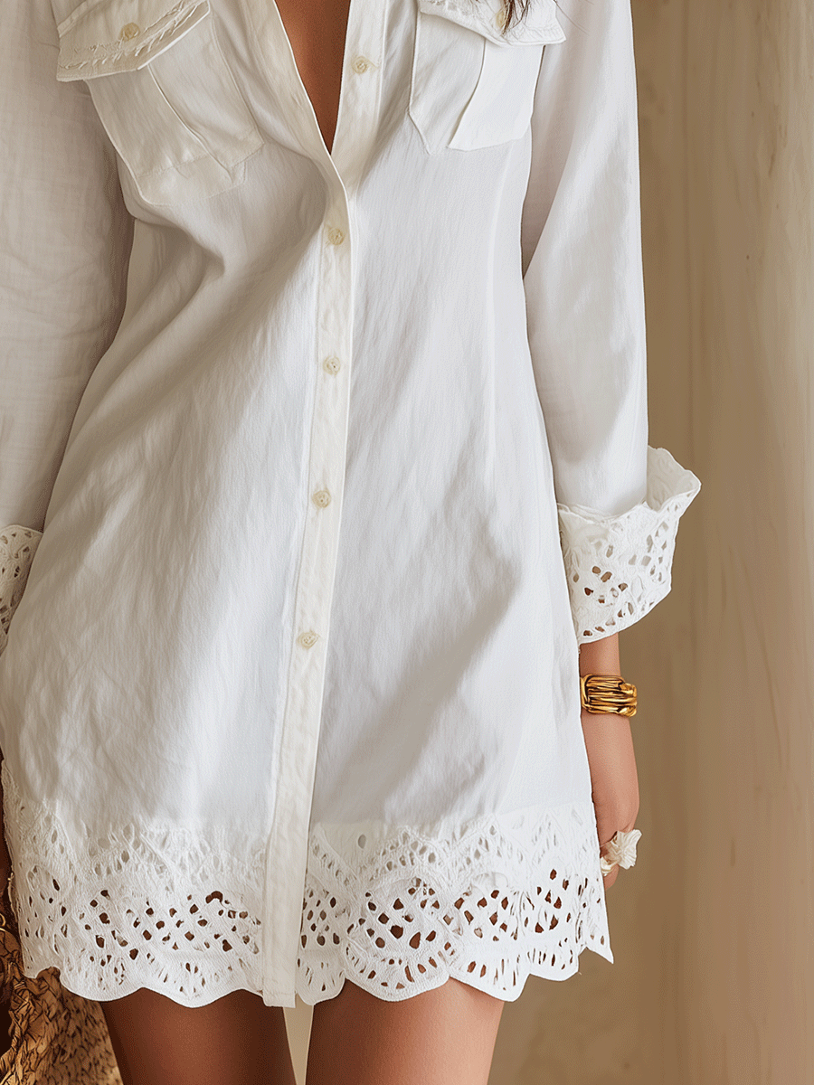 Vestido camisero blanco corto de estilo bohemio con dobladillo de ojales