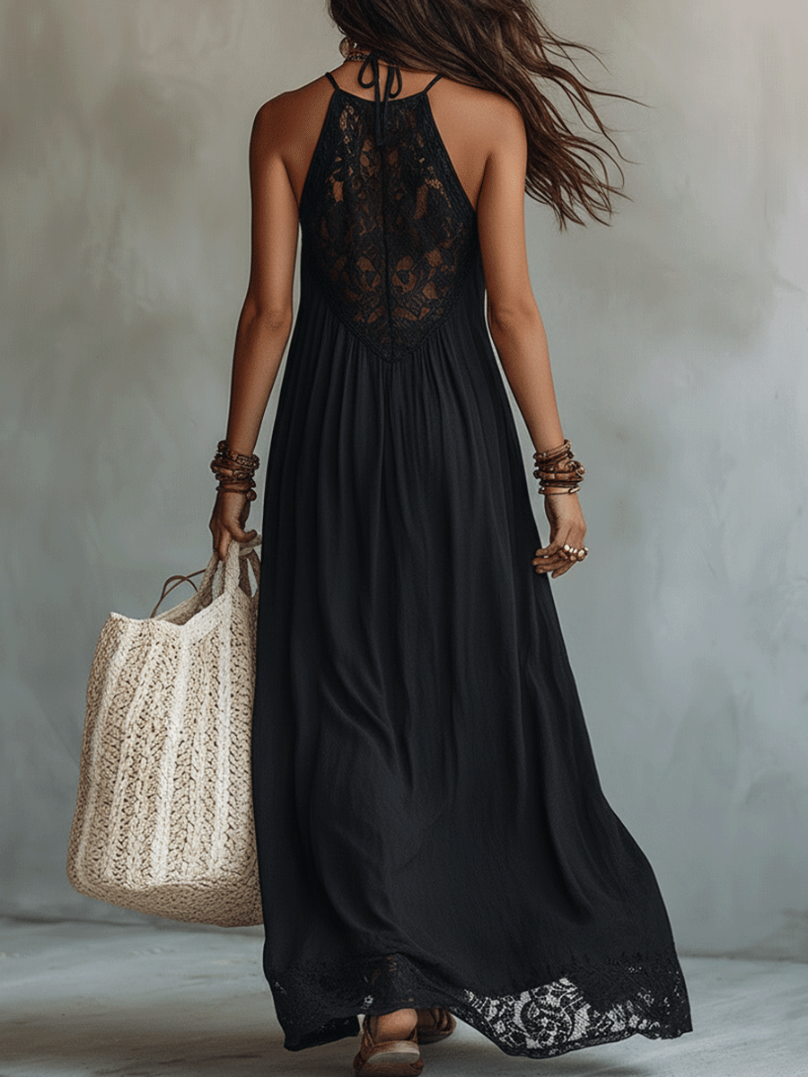 Vestido maxi bohemio elegante sin mangas con drapeado suave y diseño de impacto para la noche