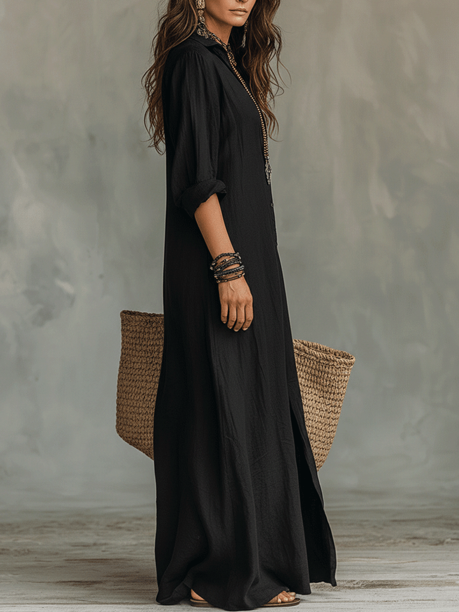 Vestido maxi bohemio negro con botones delanteros estilo camisa