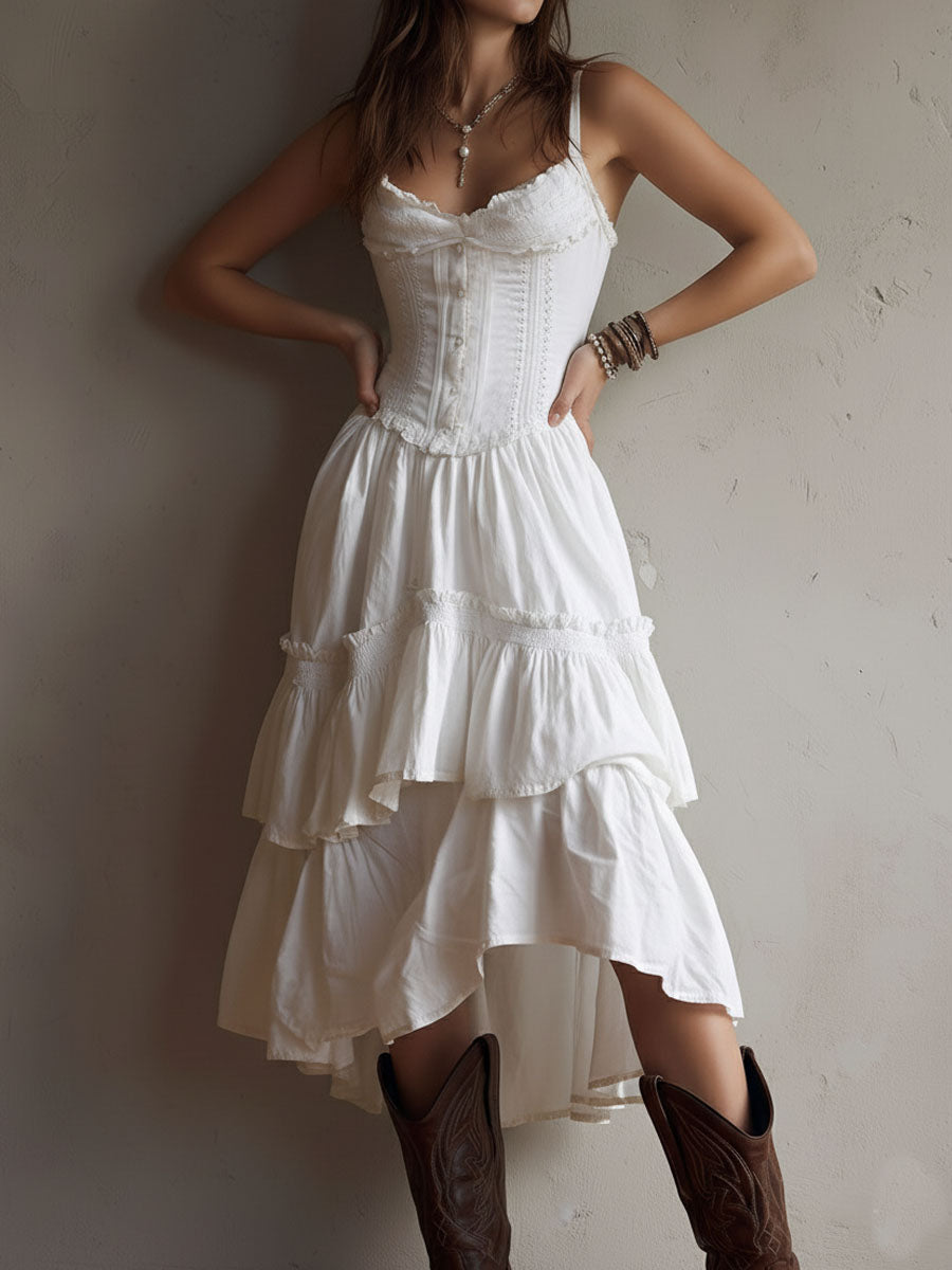 Vestido midi bohemio retro con corsé, de capas, con ribete de encaje