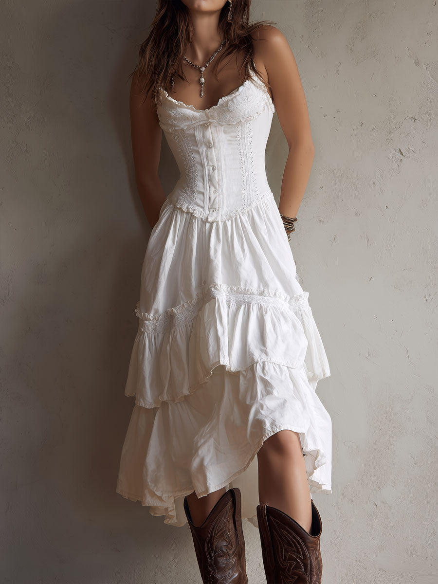 Vestido midi bohemio retro con corsé, de capas, con ribete de encaje