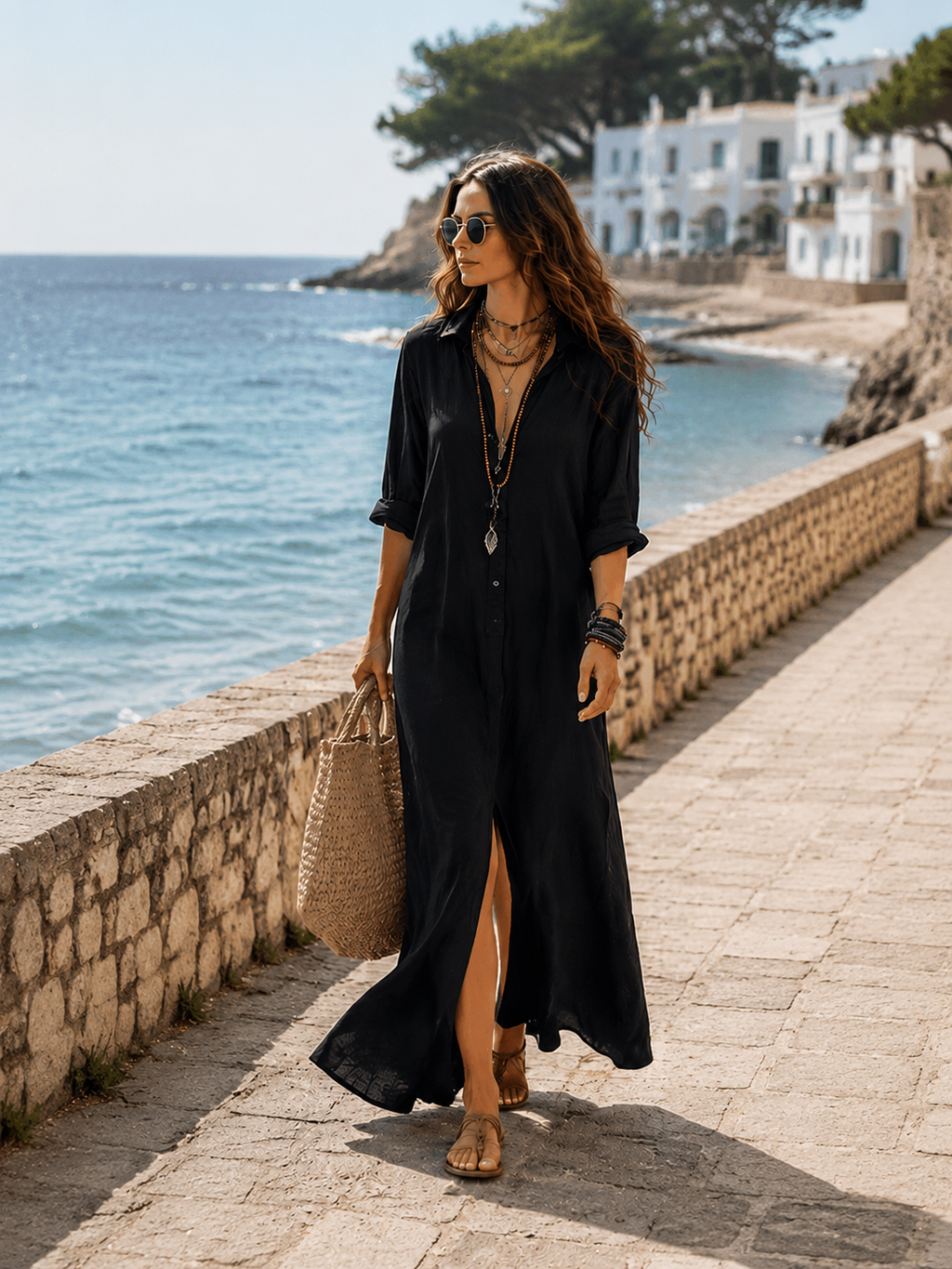 Vestido maxi bohemio negro con botones delanteros estilo camisa