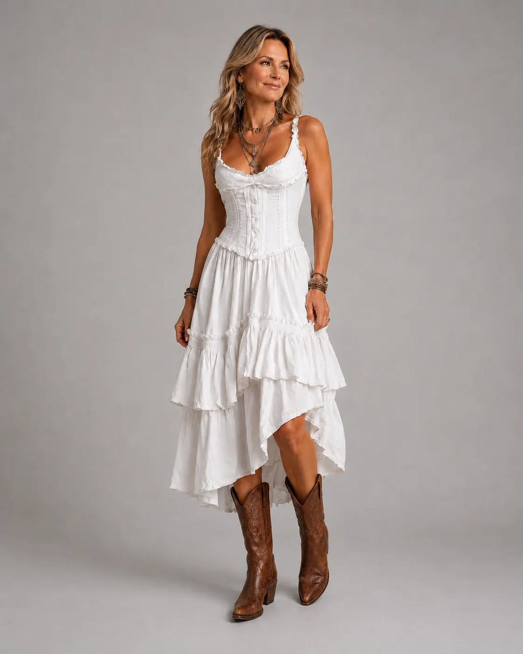 Vestido midi bohemio retro con corsé, de capas, con ribete de encaje