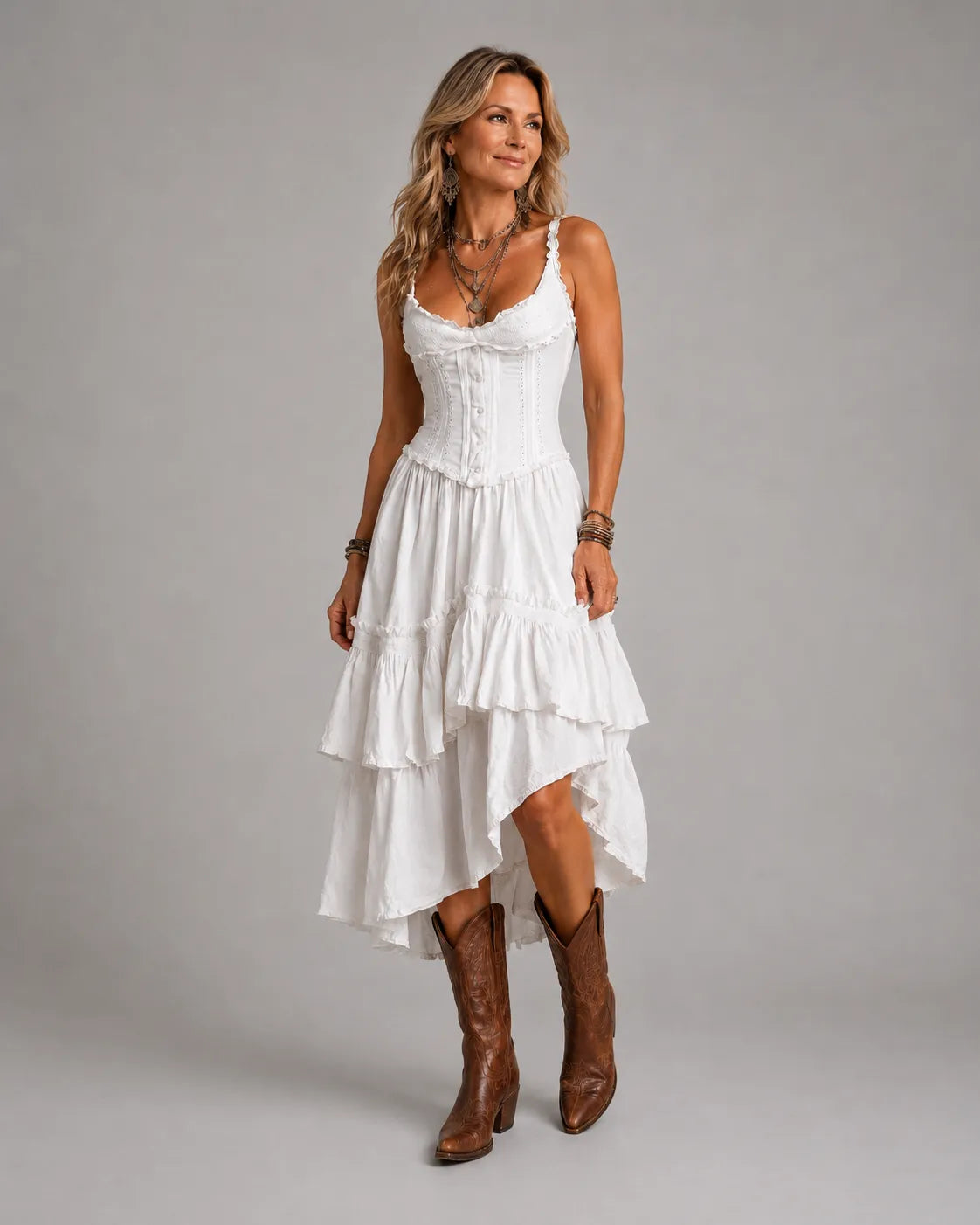 Vestido midi bohemio retro con corsé, de capas, con ribete de encaje