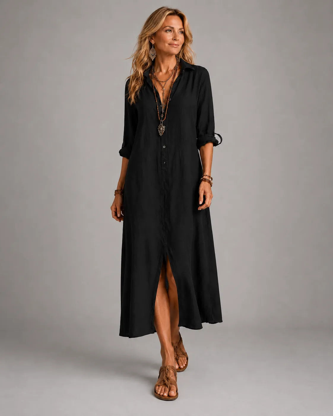 Vestido maxi bohemio negro con botones delanteros estilo camisa