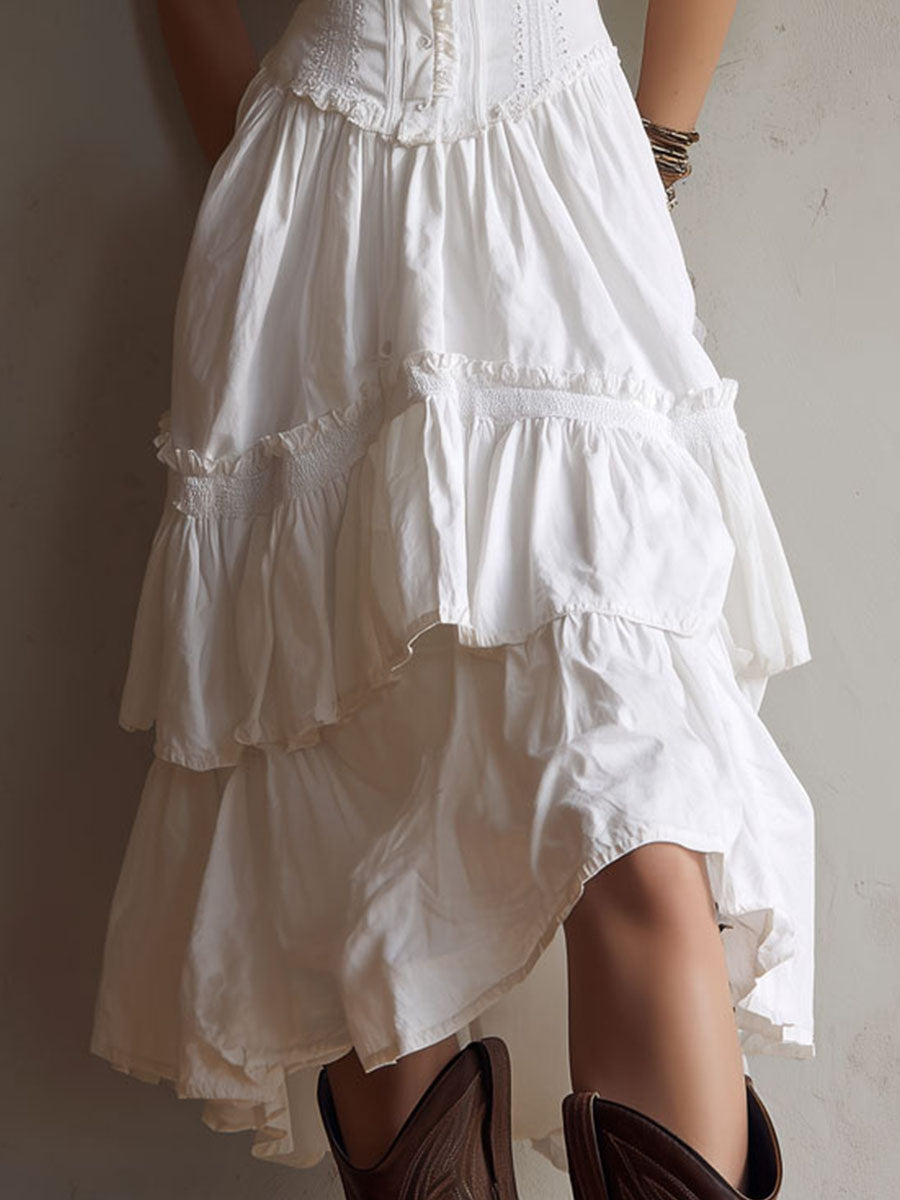 Vestido midi bohemio retro con corsé, de capas, con ribete de encaje