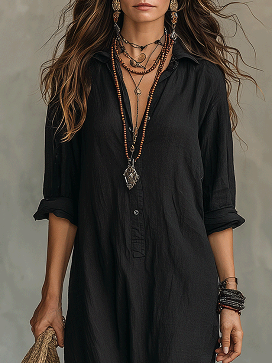 Vestido maxi bohemio negro con botones delanteros estilo camisa