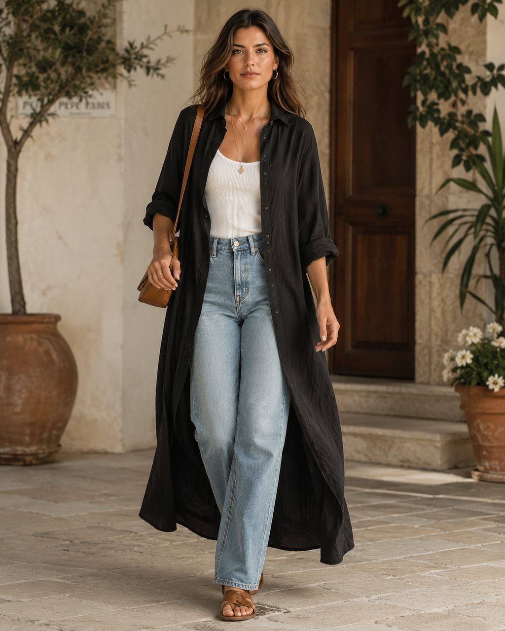 Vestido maxi bohemio negro con botones delanteros estilo camisa