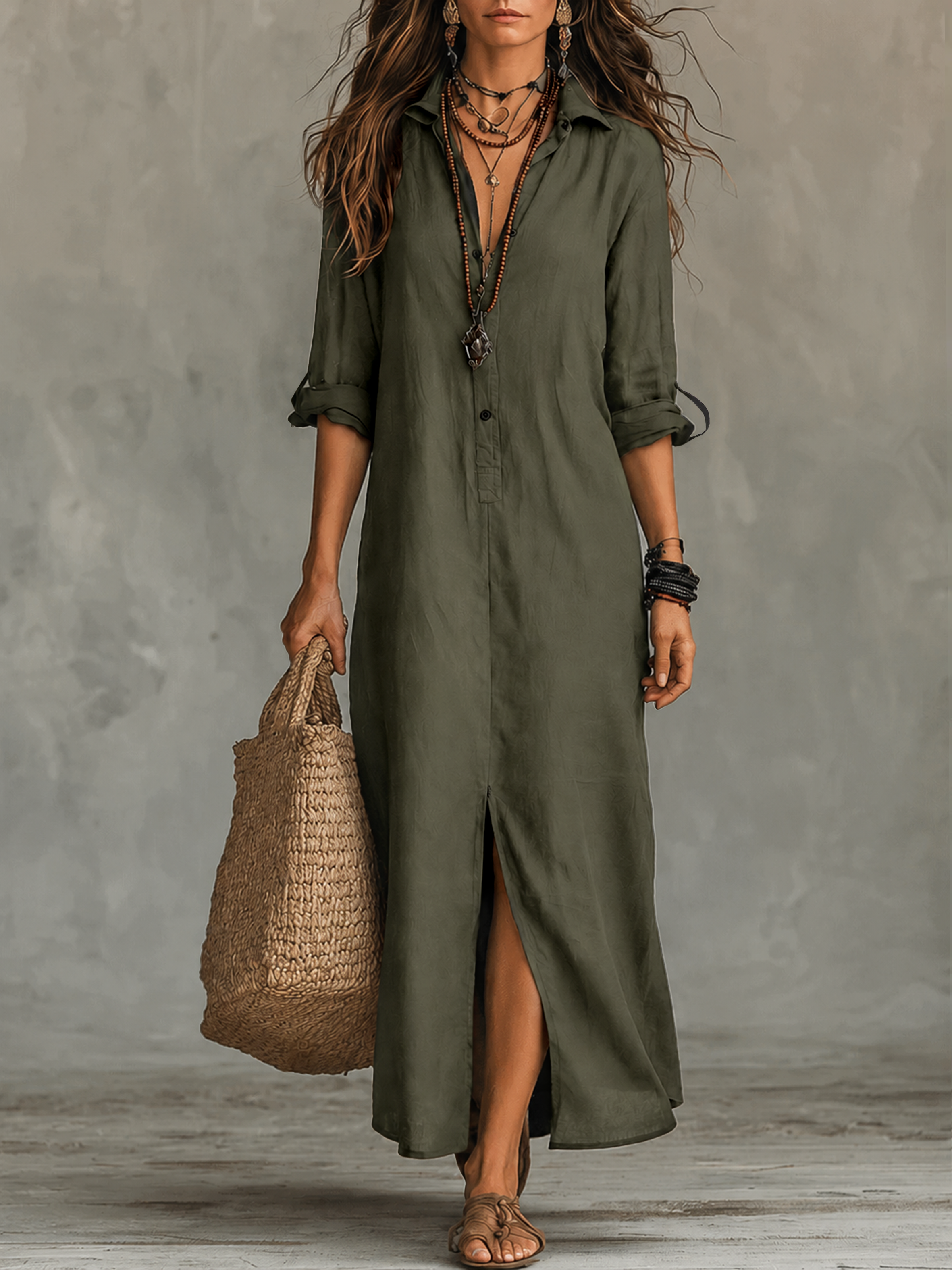 Vestido maxi bohemio negro con botones delanteros estilo camisa